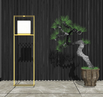 新中式落地灯 装饰落地灯组合 盆栽松树组合su草图模型下载