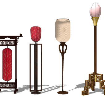 古典实木风格落地灯 装饰灯具宫灯su草图模型下载