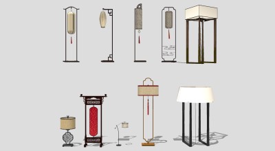 新中式原木落地灯 装饰落地灯台灯宫灯su草图模型下载