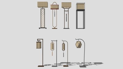 新中式原木落地灯 装饰落地灯组合su草图模型下载
