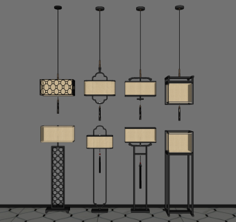 新中式吊灯落地灯组合 雕花 花格落地灯 装饰组合su草图模型下载