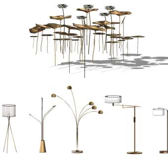 现代新中式装饰落地灯金属 荷花荷叶 装饰摆件组合su草图模型下载