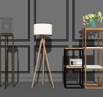 落地灯模型 装饰原木落地灯 装饰架子su草图模型下载