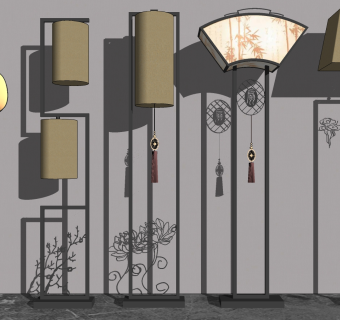 新中式装饰落地灯 扇子形状落地灯 su草图模型下载