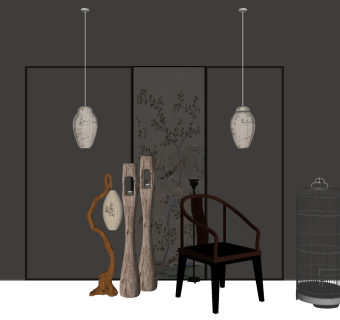 新中式灯具组合 原木落地灯 吊灯组合 su草图模型下载