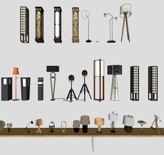 新中式 日式简约金属 木质落地灯  su草图模型下载