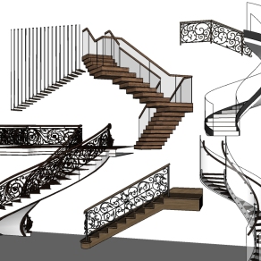 10欧式铁艺楼梯组合 旋转楼梯 雕花 玻璃扶手楼梯 实木踏步楼梯su草图模型下载