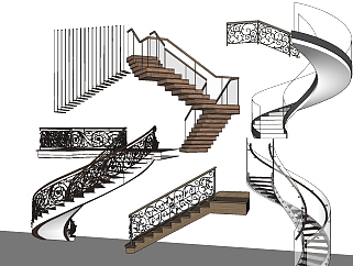 10欧式铁艺楼梯组合 旋转楼梯 雕花 玻璃扶手楼梯 实木踏步楼梯su草图模型下载