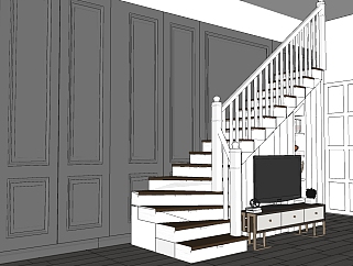 14现代楼梯 扶手栏杆 电视柜储物柜组合 白色楼梯 现代楼梯间 楼梯装饰柜组合su草图模型下载