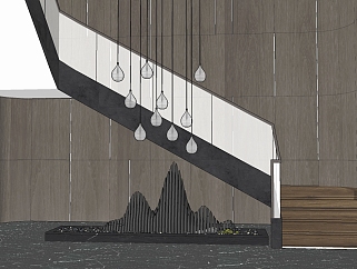 15现代风格木艺楼梯 玻璃扶手楼梯 假山雕塑 吊灯su草图模型下载