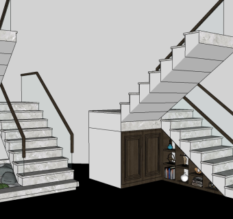 17现代石材玻璃楼梯  大理石踏步楼梯 玻璃扶手楼梯 杂物 绿植 摆件 陶瓶su草图模型下载