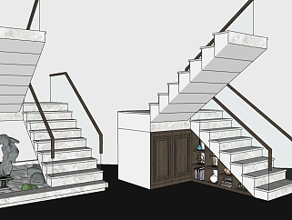 17现代石材玻璃楼梯  大理石踏步楼梯 玻璃扶手楼梯 杂物 绿植 摆件 陶瓶su草图模型下载