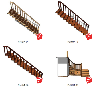 30日式楼梯 实木楼梯 扶手栏杆 楼梯储藏间 实木踏步楼梯su草图模型下载