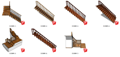 30日式楼梯 实木楼梯 扶手栏杆 楼梯储藏间 实木踏步楼梯su草图模型下载