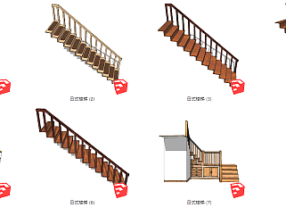 30日式楼梯 实木楼梯 扶手栏杆 楼梯储藏间 实木踏步楼梯su草图模型下载
