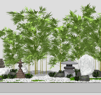 日式景观植物，竹林，竹子石头，枯山水，石头庭院灯su草图模型下载