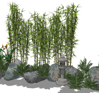 新中式，日式景观植物，竹林，竹子，石头石头庭院灯su草图模型下载