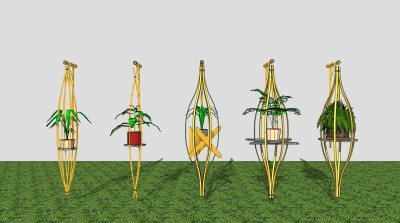 现代阳台户外景观植物花架，竹竿花架su草图模型下载