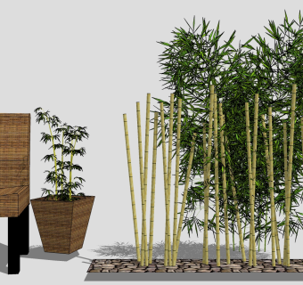 现代植物 竹子竹堆 竹林组合 藤编编制室外竹制椅子 盆栽su草图模型下载