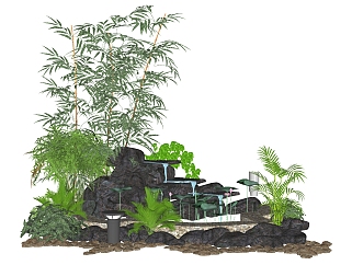 <em>新中式景观</em>小品植物石头水景，石头竹子su草图模型下载