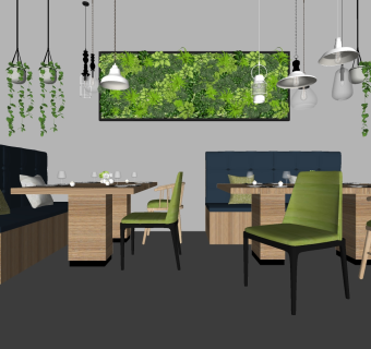餐桌椅，绿植，植物墙，小吊灯su草图模型下载
