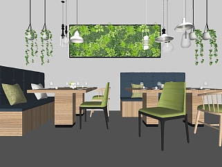 餐桌椅，<em>绿植</em>，植物墙，小<em>吊灯</em>su草图模型下载