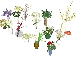 绿植花卉盆栽组合 多肉 插花，花瓶su草图模型下载