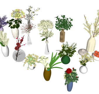 绿植花卉盆栽组合 多肉 插花，花瓶su草图模型下载
