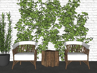 盆栽 绿植墙 藤蔓 椅子绿植墙植物墙 su草图模型下载
