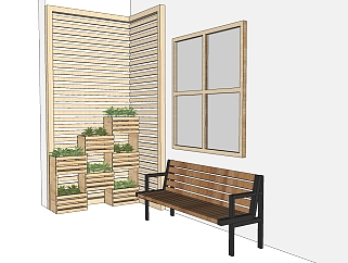 原木装饰植物墙饰 原木休闲椅子组合花槽su草图模型下载