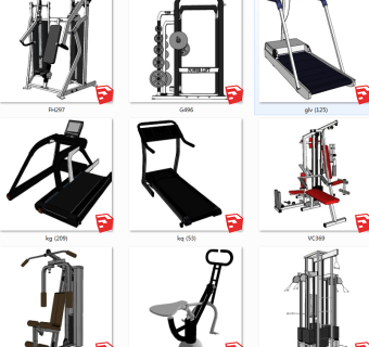 现代健身房健身器材 跑步机体育运动健身器材su草图模型下载