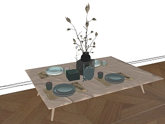 北欧瓷器花瓶餐具碗碟组合 摆件 插花su草图模型下载