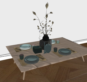 北欧瓷器花瓶餐具碗碟组合 摆件 插花su草图模型下载