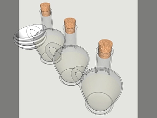 透明玻璃酒瓶子 木制塞子 盘子su草图模型下载