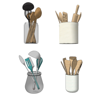 透明玻璃收纳罐 勺子 叉子 打蛋器组合su草图模型下载