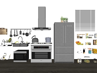 厨房橱柜<em>厨具</em>厨房用品燃气灶冰箱 su草图模型下载