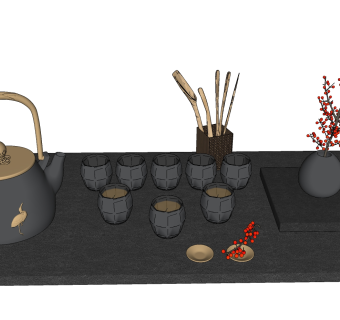 新中式茶具组合 su草图模型下载