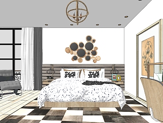 北欧现代卧室，实木原木挂饰挂件，躺椅su草图模型下载