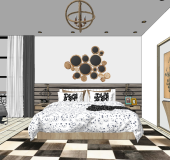 北欧现代卧室，实木原木挂饰挂件，躺椅su草图模型下载