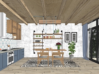 北欧厨房,橱柜，装饰架挂饰，餐桌椅su草图模型下载