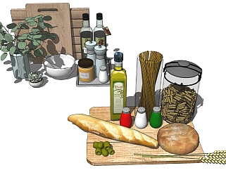 厨房用品 用具 木制砧板 菜板 面包 摆件 调料瓶su草图模型下载