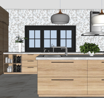 现代开放开敞式厨房橱柜岛台su草图模型下载