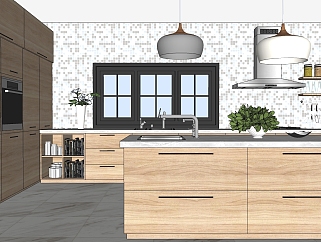 现代开放开敞式厨房橱柜岛台su草图模型下载