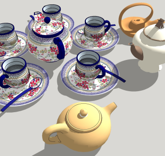 新中式茶具 茶壶茶杯茶具水壶 组合su草图模型下载