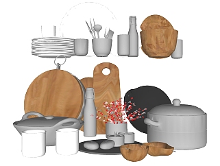 厨房厨具 碗盘子 碟子 锅 砧板 插花组合su草图模型下载
