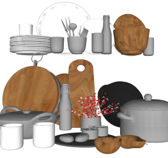 厨房厨具 碗盘子 碟子 锅 砧板 插花组合su草图模型下载