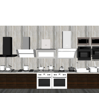 厨房用品用具 吸油烟机 燃气灶 水壶  冰箱 锅组合，冰箱电器 su草图模型下载