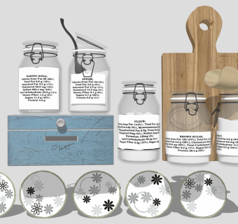 厨房调料罐 木制砧板 调料罐 碗 盘子组合su草图模型下载