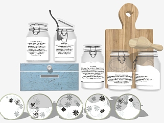 厨房调料罐 木制砧板 调料罐 碗 盘子组合su草图模型下载