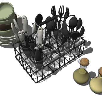 铁艺餐具架子 置物架 厨房用品用具 餐具 叉子碗 调料瓶，厨具餐具su草图模型下载